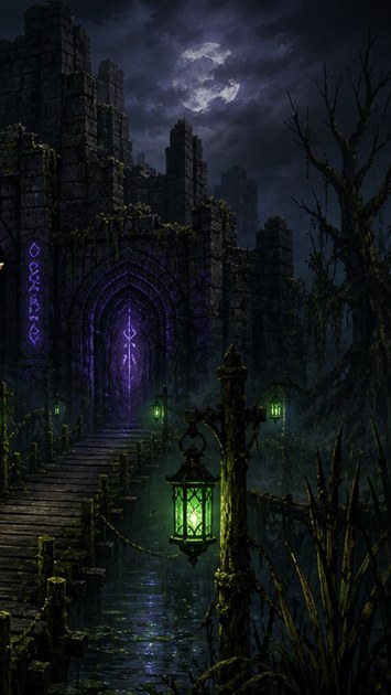 A lantern-lit bridge leading to a ruined castle