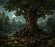 An illustration of a great tree in a forest grove
