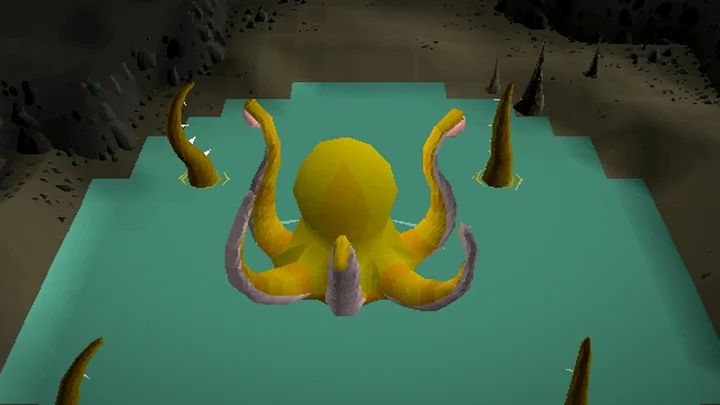 The Kraken and its four tentacles rising from the lair pool